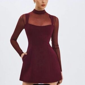 MISS CIRCLE Elegant Burgundy Sheer Sleeve Dress